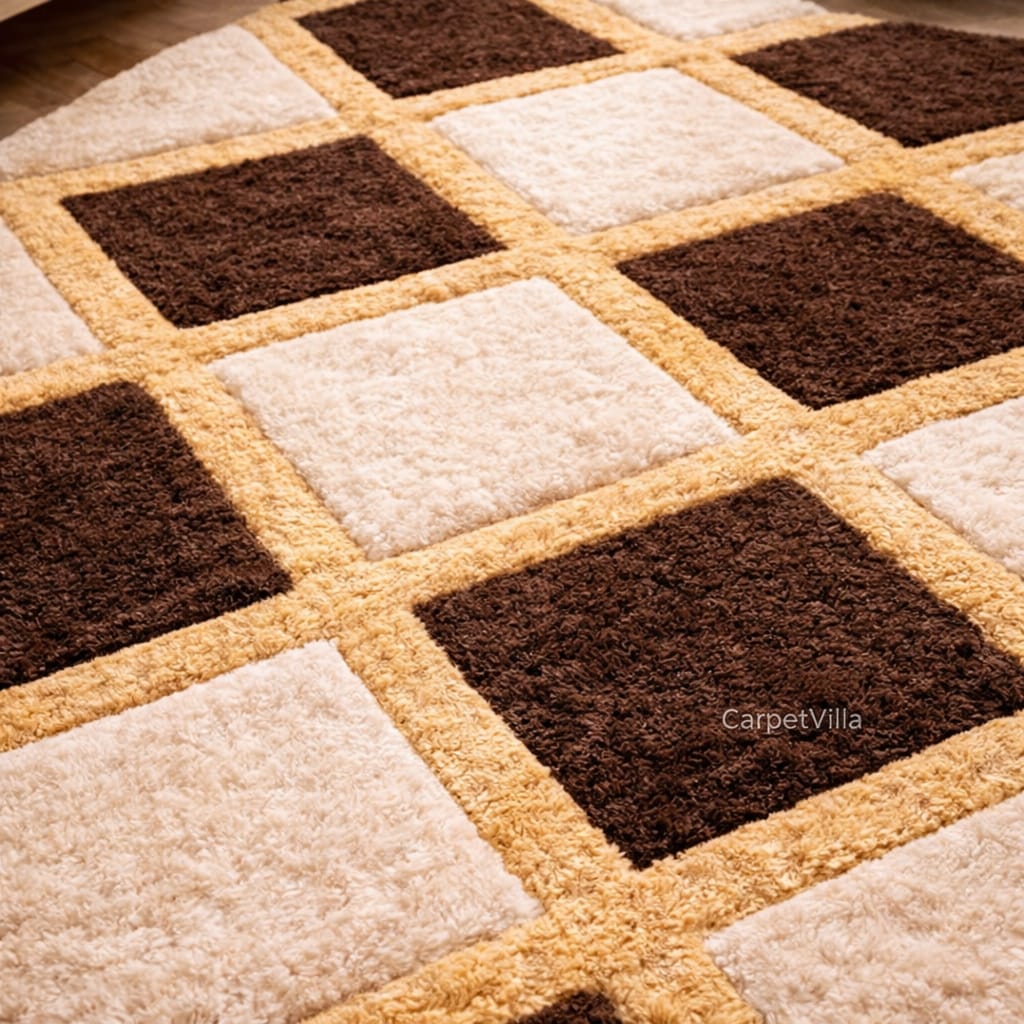 Classic Brown Geometric Rug – Cream Beige Diamond Pattern Tufted Carpet