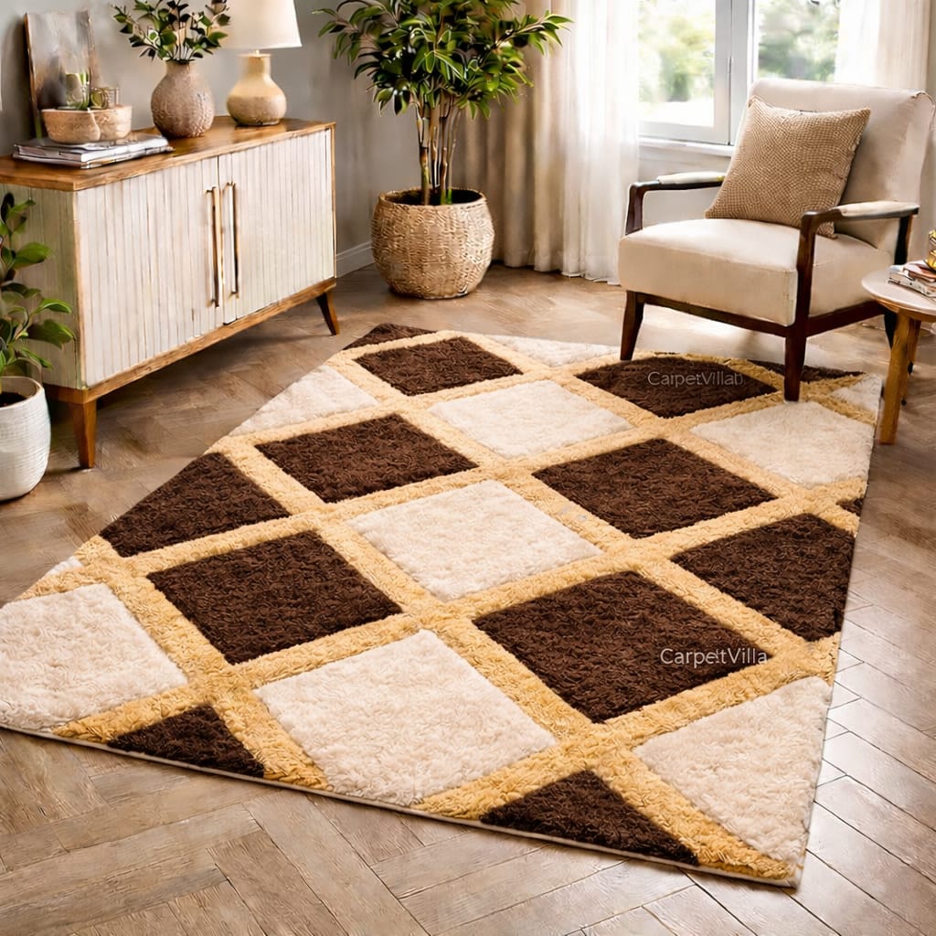 Classic Brown Geometric Rug – Cream Beige Diamond Pattern Tufted Carpet
