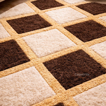 Classic Brown Geometric Rug – Cream Beige Diamond Pattern Tufted Carpet