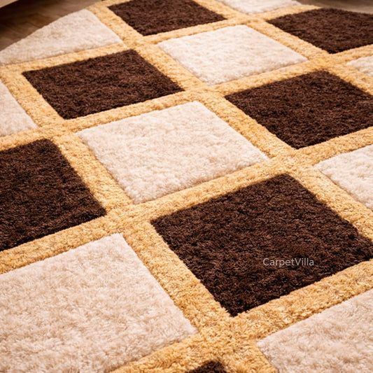 Classic Brown Geometric Rug – Cream Beige Diamond Pattern Tufted Carpet