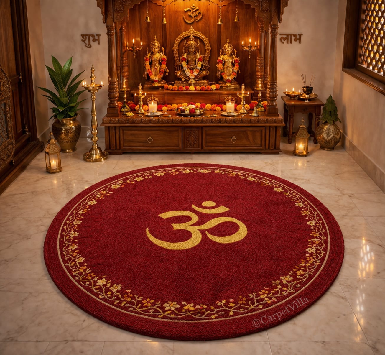 Round Om Design Carpet for Home Temple